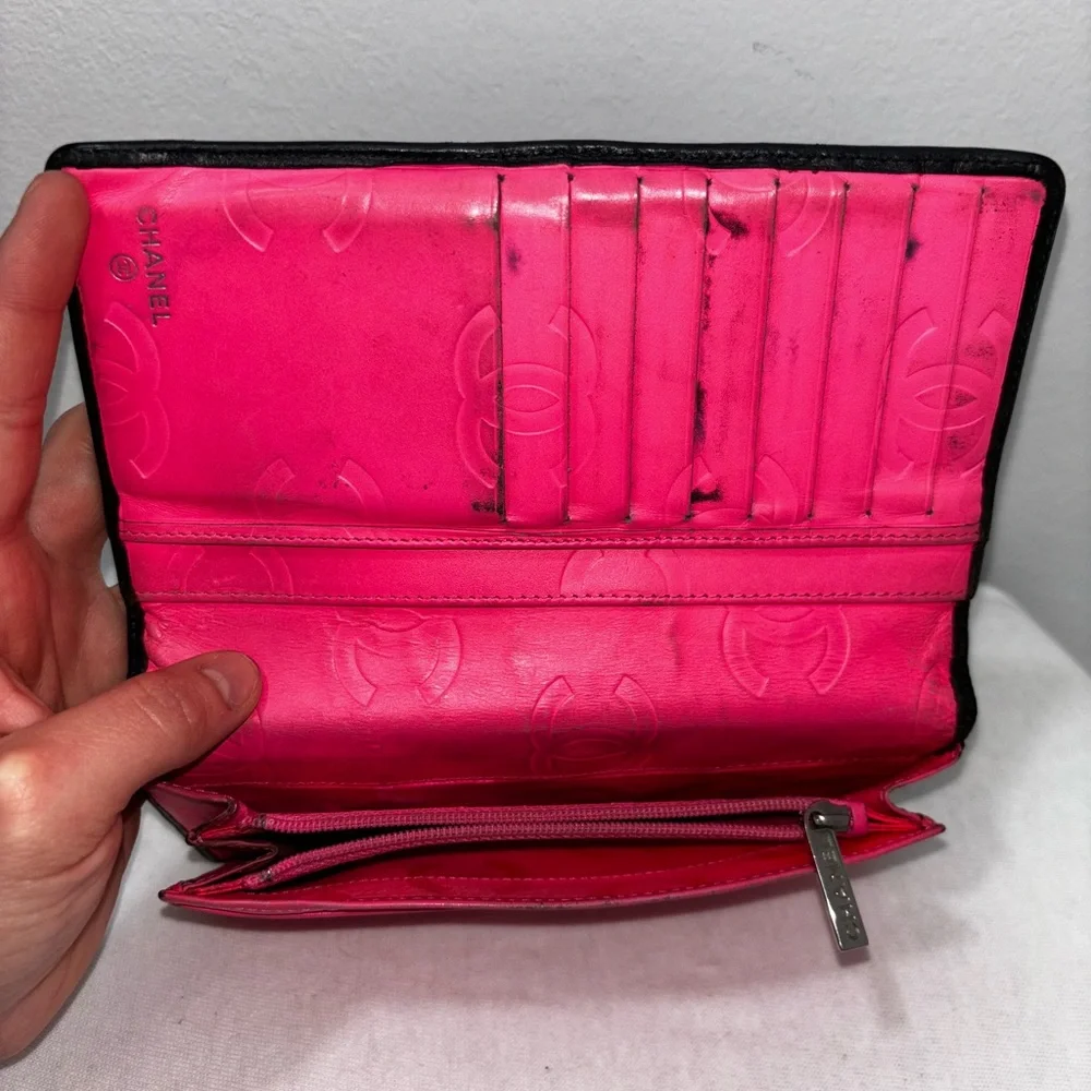 Chanel long wallet with coin zipper slot and hot pink inside